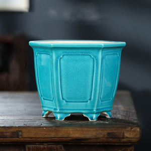 Maceta Hexagonal de Cerámica para Bonsái, Forma de Ventana con Cara Kui, Estilo Chino Clásico, Macetero de Escritorio - Product Image 3
