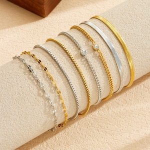 Gold Plated Stainless Steel Layered Chain <b>Bracelet</b> <b>Set</b> With Diamond Inlay For Women Fashion Jewelry - Product Image 3
