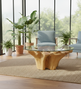 Table à manger exclusive en racine de teck ronde avec plateau en verre trempé, design moderne, bois massif écologique pour la maison et l'hôtellerie - Product Image 6