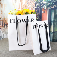 Thick Paper Flower Bag White Gift Paper Bag with Ribbon Handle for Flower Bouquet Vase Arrangement