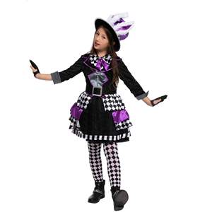 Ensemble de déguisements de <span class=keywords><strong>chapelier</strong></span> <span class=keywords><strong>fou</strong></span> noir et violet pour Halloween robe fantaisie pour filles avec chapeau à oreilles de lapin chaussettes à carreaux robe de bal de fête d'Halloween - Product Image 3