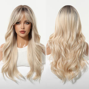 26 Zoll Kunsthaar-Perücke, Naturwellen, dunkle Ansätze, blondes Ombré, lange Pony-Perücke mit lockerem Fransen-Design und elastischem Haarband, echtes Foto - Product Image 1