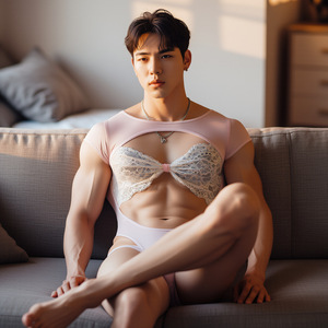 Pink lace cutout bodysuit for men, flirtatious lingerie, abstinence-style open crotch no-removal crossdressing flirtatious set - Product Image 3