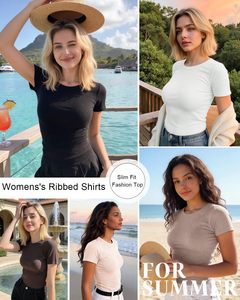 T-<span class=keywords><strong>shirt</strong></span> personnalisé pour <span class=keywords><strong>femme</strong></span>, coupe ajustée, col rond, côtelé, extensible, manches courtes, basique, décontracté, vente en gros OEM - Product Image 4