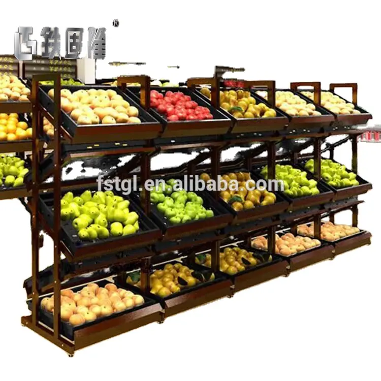 Shelves Supermarket Store Fruits and Vegetable Display Super Market Wooden Fruit Vegetable Display Rack Case Duty Wood Heavy