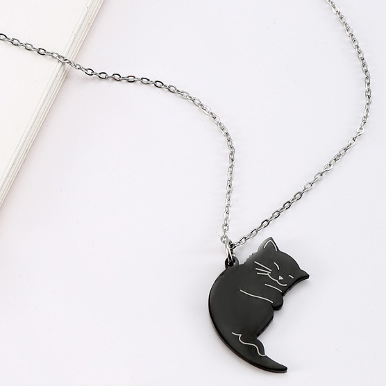 Yin Yang Cat Puzzle Necklace Set - Stainless Steel Matching Couple/BFF Necklaces, Silver & Black, 2.6cm - View #2