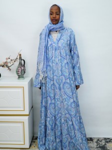 Selección del Editor: Abaya con Estampado Paisley Azul, Cuello con Muescas, Diseño en Capas, Suave y Ligera, Vestido <span class=keywords><strong>Maxi</strong></span> para Mujeres Musulmanas, Estilo Dubai, Uso Diario, Personalizable - Product Image 2