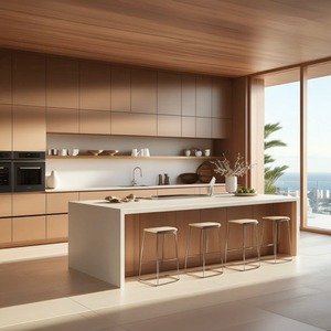 مجموعات خزائن مطبخ فاخرة حديثة كاملة من MDF و<span class=keywords><strong>PVC</strong></span> مع حوض من الفولاذ المقاوم للصدأ وقشرة خشبية لمشاريع الفيلات وتجديد المطابخ - Product Image 5