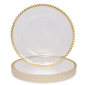 أطباق عشاء بلاستيكية شفافة مزينة بالخرز الذهبي والفضي بتصميم أوروبي إبداعي مقاس 13 بوصة للحفلات - Product Image 1