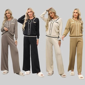 Conjunto de Pantalones Anchos Casuales Holgados con Cuello Alto y Botón Único para Mujer, Otoño-Invierno 2025 Europeo, con Parte Superior e Inferior de Punto - Product Image 1