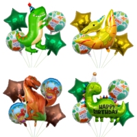 Nouvel ensemble de 5 ballons en aluminium dinosaures avec chapeau d'anniversaire, T-Rex, pour la décoration de fête d'anniversaire des garçons et des enfants