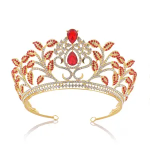 America Luxury Baroque Red Crystals Headpiece Blue Rhinestone Gold Leaf Wedding Tiara Bridal Pageant Crown For Gir