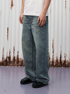 GOODLIVABLE 128oz 3D Cat-Belly Honeycomb Washed Distressed Denim Vintage Mid-Waist Spring Loose Straight-Leg Pants - Product Image 2