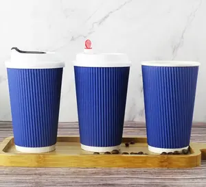 Tasse à café en papier bleu rouge ondulé, haute qualité, 8oz 12oz 16oz, mur d'ondulation avec couvercle en cœur d'amour, vente en gros