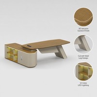 Scrivania Direzionale con Gambe Curve in Acciaio, MDF E1, Formatura Sottovuoto, Texture Legno 3D, Luce LED a 12 Colori, Serratura a Codice con Scatola per Cavi