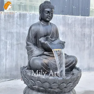 Hand Caved Life Size Closed Eyes Black Marble Buddha Statue Water Fountain