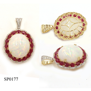 14KY <b>Opal</b> (Oval) 13.57 CT, Ruby (Oval) 4.08 CT, White Diamond (Round) 0.72 CT <b>Pendant</b> 14K Yellow Gold - Product Image 1