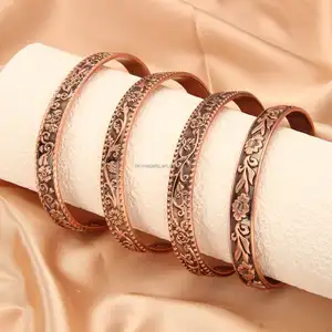 Vente en gros de bijoux en cuivre pur 99.99% de luxe Bracelets de fleurs Bracelet magnétique réglable personnalisé Bracelets de manchette en cuivre de santé