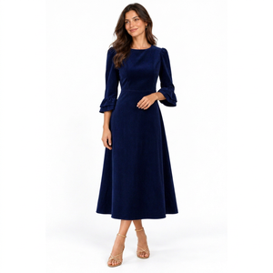 Vestido midi de pana azul marino para mujer con cuello redondo y mangas con volantes de tres cuartos - Product Image 1