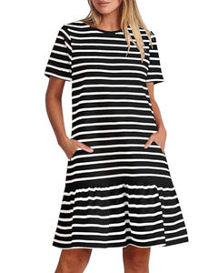 Robe d'été à rayures pour femmes, à la mode, décontractée, à col rond, à manches courtes avec poche - Product Image 2