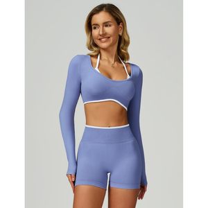 Conjunto Deportivo de Dos Piezas para Mujer, Top de Manga Larga sin Costuras, Pantalones Cortos de Cintura Alta, Cuello Redondo, Ropa de Gimnasio y Yoga - Product Image 2
