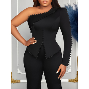 Nuevo Estilo de Verano, Traje de Oficina de Dos Piezas con Hombros Descubiertos y Adornos, <span class=keywords><strong>Talla</strong></span> <span class=keywords><strong>Grande</strong></span>, Estilo Europeo y Americano para Mujer - Product Image 2
