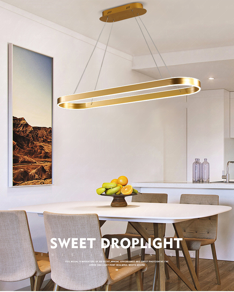 Rectangle LED Ring Light Chandelier Long Nordic Ceiling Pendant Lamp Gold Finish Dimmable Eye-Caring Lighting for Living Room