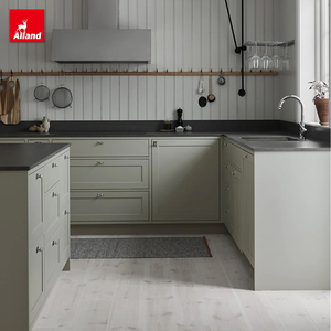 Gabinetes de Cocina Contemporáneos Allandgroup con Acabado Mate, Diseño Shaker con Isla, Color Verde Grisáceo, con Encimera Negra - Product Image 1