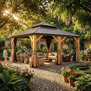 Gazebo en cèdre naturel avec structure en bois renforcée, toit rigide à double niveau et rideaux <span class=keywords><strong>pour</strong></span> les rassemblements en extérieur - Product Image 1