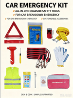Kit d'outils d'urgence pour la sécurité automobile avec câbles de démarrage, triangle de signalisation, corde de remorquage, fournitures de premiers secours pour les panneaux de véhicule
