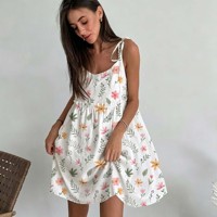 Gaun Mini Wanita Tanpa Lengan Bergaya Baru Musim Panas dengan Cetakan Hawaii Bahan Sutra Susu, Dapat Dikustomisasi