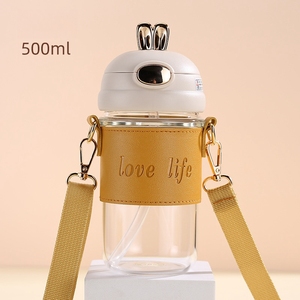 Copo de água portátil com canudo, caneca de café de vidro ecológico portátil W4 estilo coelho fofo, garrafa de água com canudo para meninas - Product Image 5