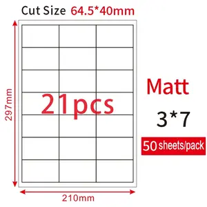 High quality self adhesive 21 up 64.5x40mm A4 barcode labels for laser/inkjet printer