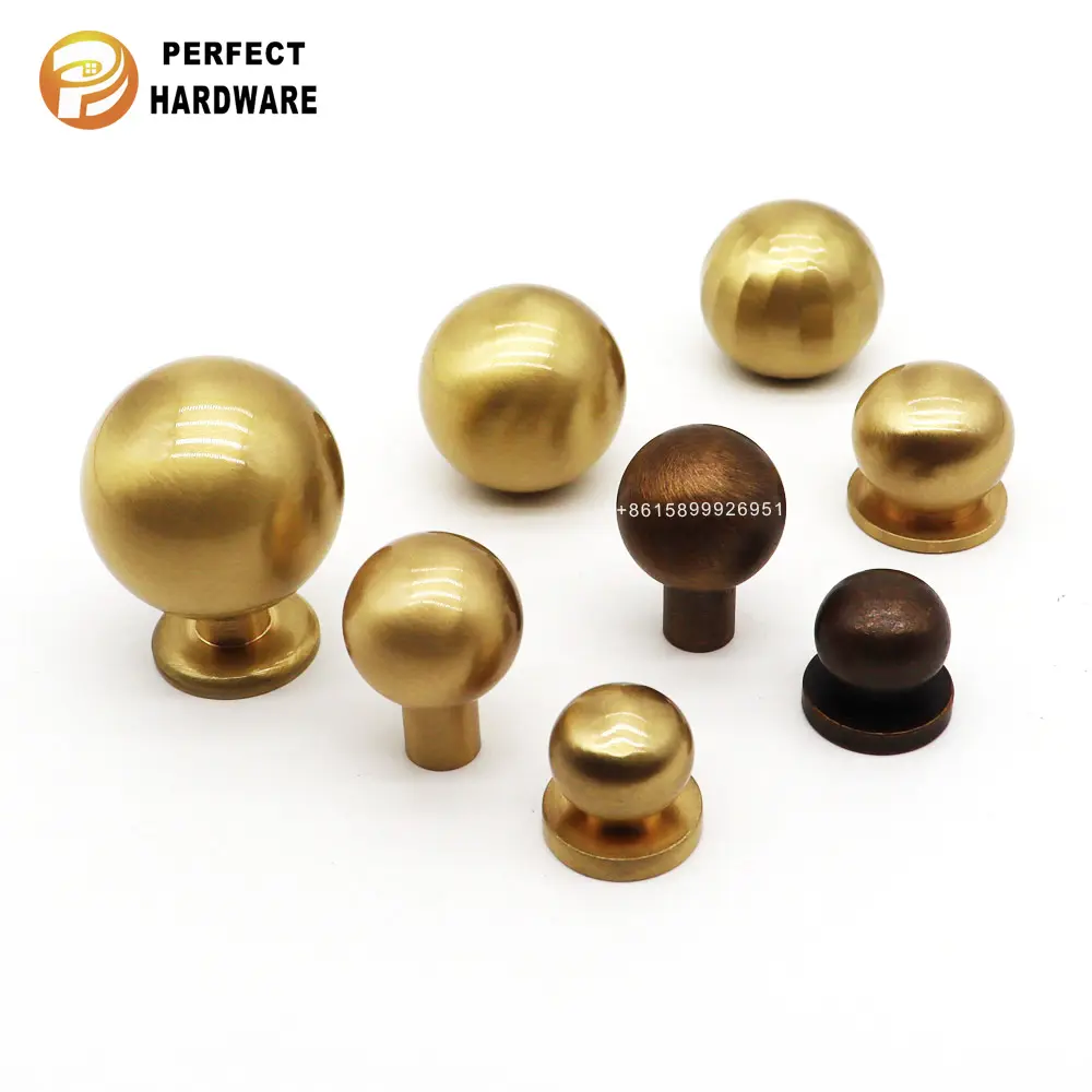 Hot sell Brass Brushed Furniture Cupboard Copper Handle spheroidal Knob Cabinet Drawer Solid Brass round Pull Handles