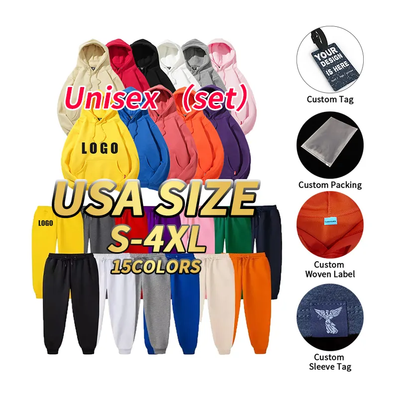 custom logo unisex plain pullover men blank oversized heavy cotton Blank Plain Pullover Tracksuit Sweatshirts Men's Hoodies Set