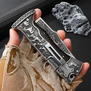 Sarung pisau lipat klasik, tombol tekan gaya pisau Stainless Steel pisau kayu pegangan Resin kotak hadiah klip sabuk Guling - Product Image 2