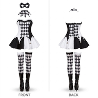 Costume de cosplay Harlequin noir et blanc pour femmes, ensemble de 6 pièces avec corset imprimé diamant et bordure à clochettes pour fête d'Halloween et scène