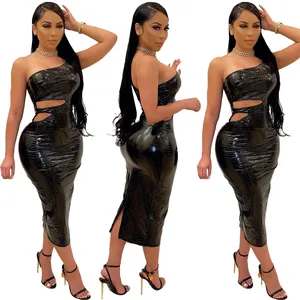 CL-257 New Arrival Style PU Bodycon Black Women Dresses Sexy One-shoulder Strap Leather Skirt Tube Top Strap Tight Dress