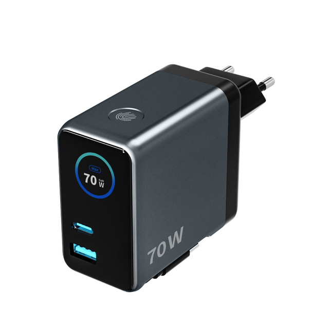 70w AI Smart GaN USB Charger with Retractable Cable and TFT Display PD3.0 PPS Fast Charging for iPhone for Xiaomi for Huawei