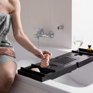 Plateau <span class=keywords><strong>de</strong></span> lit et <span class=keywords><strong>de</strong></span> bain-Support en bois avec pieds pliants-Étagère en bambou pour <span class=keywords><strong>baignoire</strong></span> Caddy Bridge avec support pour livre ou <span class=keywords><strong>tablette</strong></span>-Noir - Product Image 4
