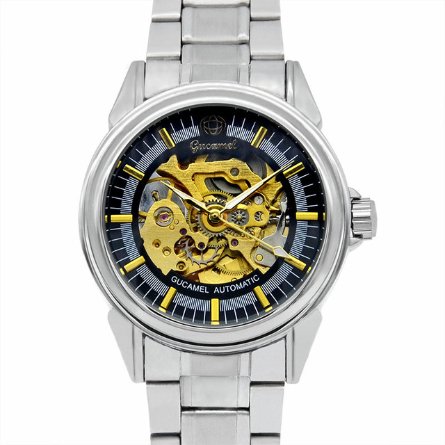 Gutuo Luxury Automatic Mechanical Watch with Power Reserve Eco-Friendly Hollowed-Out Mens Business Design Stainless Steel Band