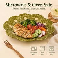 Nouvelle conception, grande assiette florale en céramique vert olive à glaçure réactive, pétales en relief, pour repas principal, fête, buffet, table