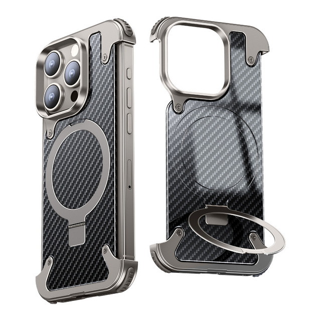 Aluminum Alloy Magnetic Stand Rimless Phone Case for iPhone 14 15 16 Pro Max Plus Metal Lens Shell Frosted Matte Back Cover
