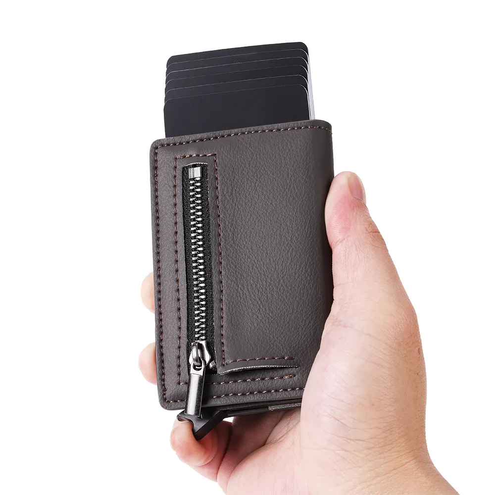 2023 Casekey Newest Mens RFID Blocking Genuine Leather Wallet Zipper Coins Pocket Slim Carbon Fiber Wallet