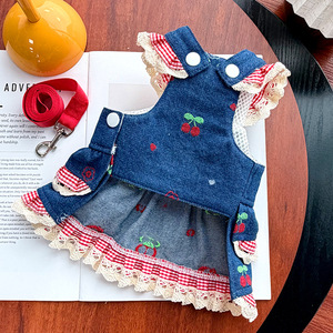 Weiwang Denim <b>Cherry</b> Overalls <b>Dress</b> Summer Pet Clothes For Dogs Skirt Embroidered Pattern - Product Image 3