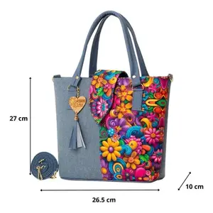 Bolso de Playa Fana para Mujer, Tamaño Mediano, de Yute Azul con Diseño Estampado y Bolsillo con Cremallera - Product Image 3