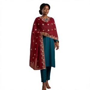 Wholesale Women <b>Chiffon</b> Shawl Floral Embroidery <b>Scarf</b> Lightweight Breathable Red Ethnic Daily Wear - Product Image 1