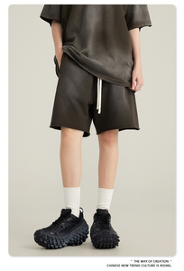 <b>Men's</b> Retro High Street Sports <b>Shorts</b> High Quality Summer Heavy Washed Terry Worsted Fabric Vintage Loose Fit Solid <b>Pattern</b> - Product Image 5