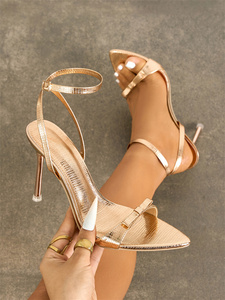 <span class=keywords><strong>Sandali</strong></span> Donna Oro Champagne con Tacco a Spillo, Motivo a Fiocco, Punta Affusolata e Cinturino alla Caviglia, Scarpe Eleganti <span class=keywords><strong>da</strong></span> Festa - Product Image 5
