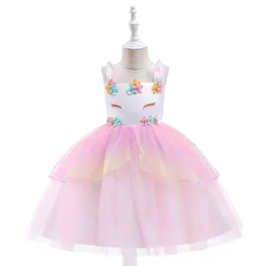 Vestido de fiesta de unicornio para niña, los últimos diseños de flocado para niños, vestidos de princesa de encaje DJS014